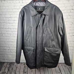 Joshua Ross Mens Black Leather Jacket XL Full Zip Snap Front Coat Elbow Patches